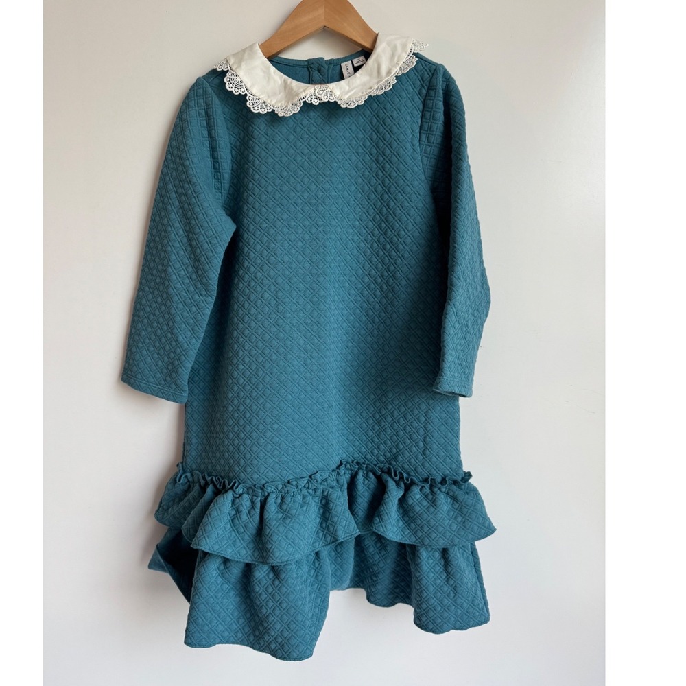 Janie and Jack Girls Teal Blue Quilted Lace Collar Ruffle Dress Size 12 Preppy